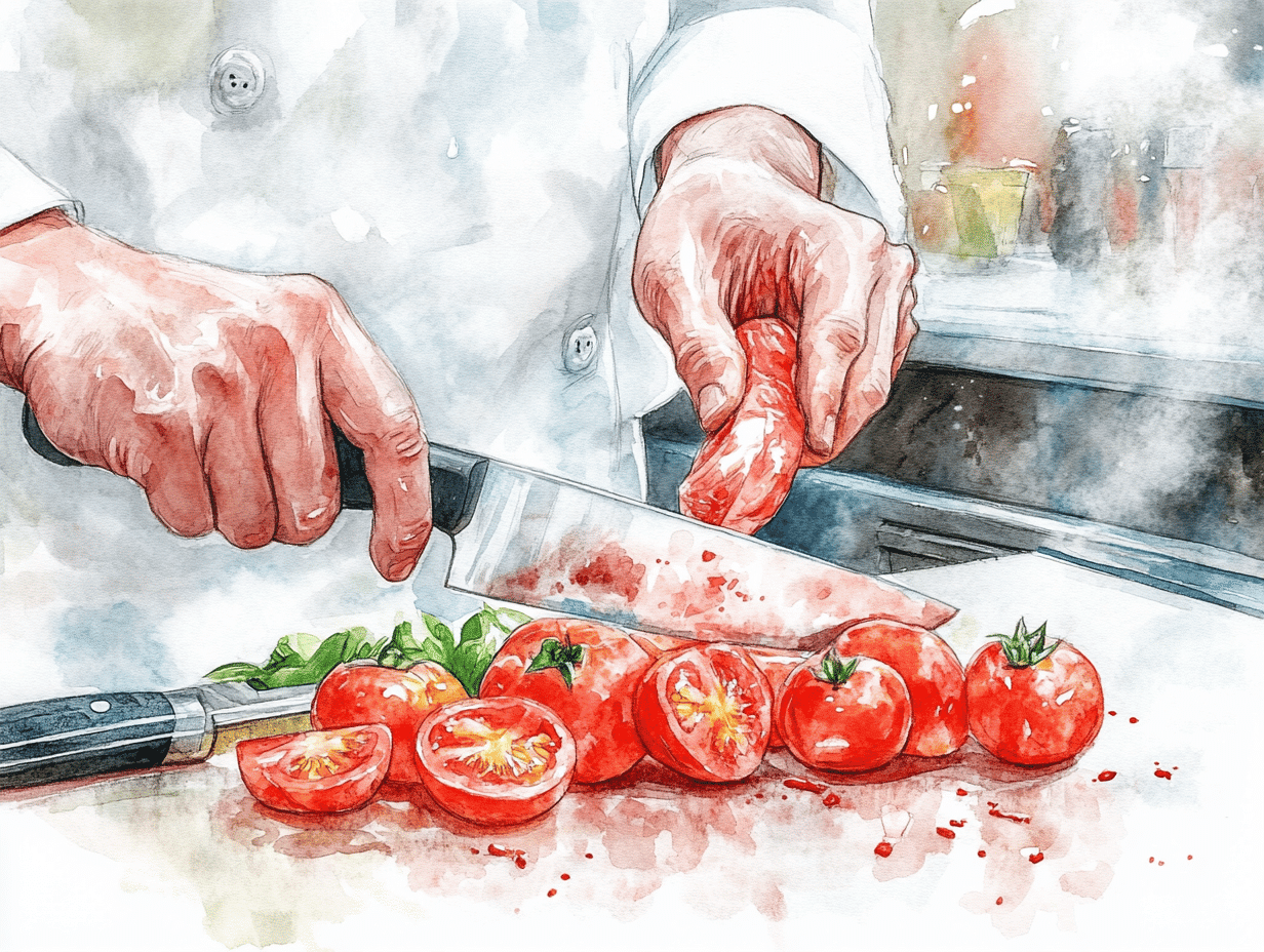Contaminação cruzada por alimentos em restaurantes, um cozinheiro usa uma faca suja para cortar tomates que serão servidos crus