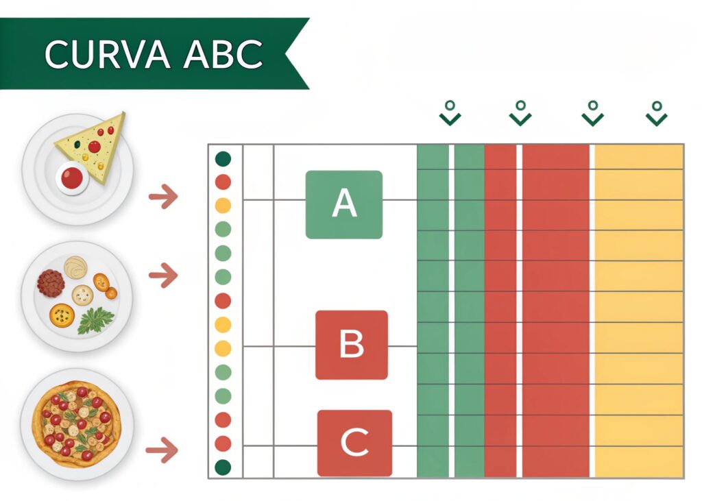 Imagem de destaque sobre a Curva ABC mostrando símbolos de alimentos e uma tabela de classificação de itens de estoque