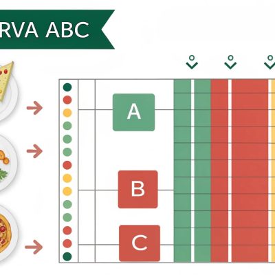 Imagem de destaque sobre a Curva ABC mostrando símbolos de alimentos e uma tabela de classificação de itens de estoque